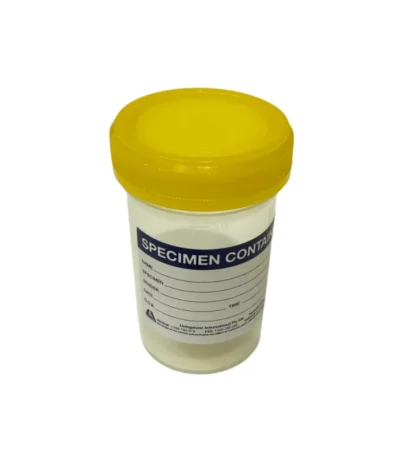 Specimen Container, Urine Jar, 70ml, Yellow PE Screw Cap, Labelled, Recyclable Polypropylene, Sterile Single Wrapped