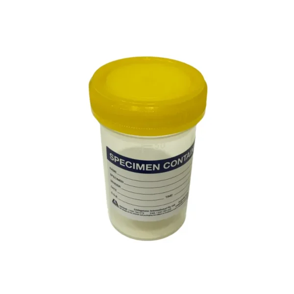 Specimen Container, Urine Jar, 70ml, Yellow PE Screw Cap, Labelled, Recyclable Polypropylene, Sterile Single Wrapped