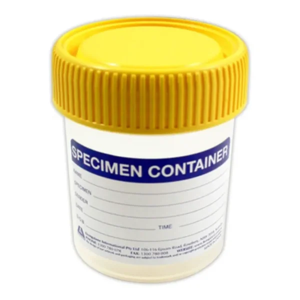 Specimen Sample Container, Urine Jar, 70ml, Clean, Flat Bottom, with Yellow Screw Cap, Labelled, Recyclable Polypropylene (TP5744ULUVN)