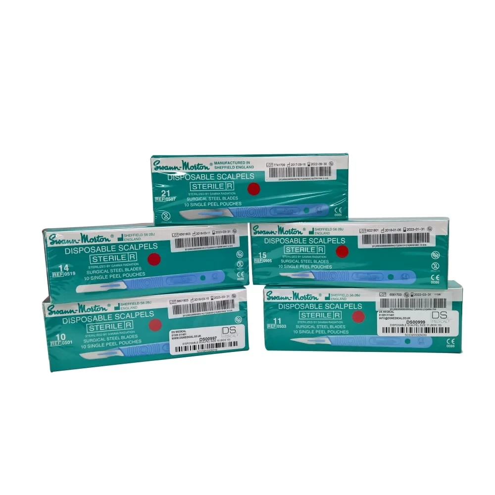 2026-03-14-69b47502ccb0b.webp Swann-Morton Disposable Scalpel Stainless Steel Blade Attached to Handle Sterile, Box of 10 - All Sizes - Image 1