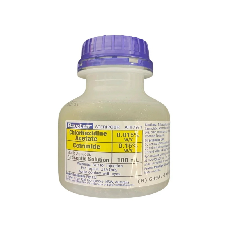 2604142355 Baxter Chlorhexidine 0.015% w/v and Cetrimide 0.15% w/v - 100ml in Steripour Recyclable Plastic Bottle - Box of 24 - Image 1