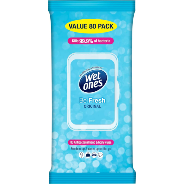 Wet Ones Be Fresh Antibacterial Hand & Body Wipes, Value Pack, 80 Wipes, Gentle on skin, Paraben free, Fresh scent
