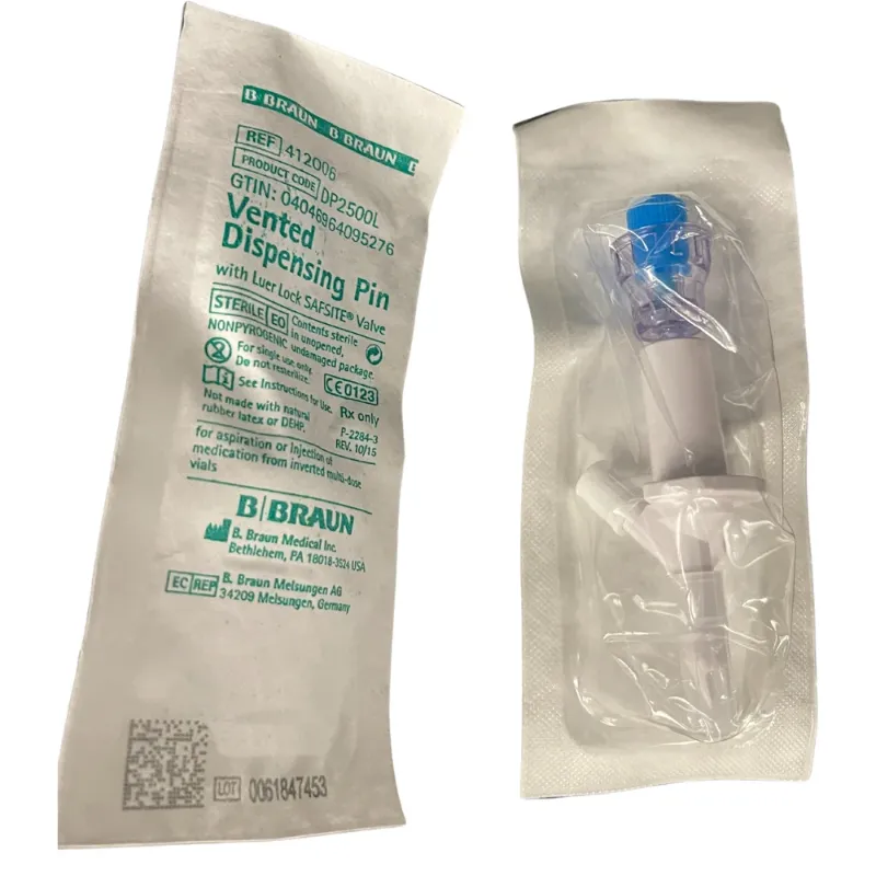 B. Braun Vented Dispensing Pin with Luer Lock Safsite Valve Standard Spike B. Braun Vented Dispensing Pin with Luer Lock Safsite Valve Standard Spike