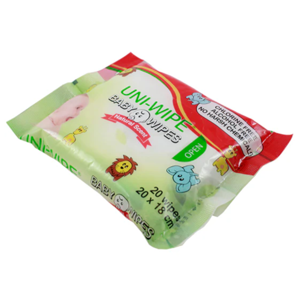 UNI-Wipe Baby Wipes, Unscented, Perfume-Free, 20 x 18cm, 20 Wipes in Resealable Soft Pack