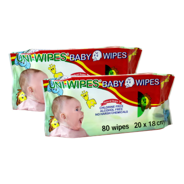 UNI-Wipe Baby Wipes, Unscented, Perfume-Free, 20 x 18cm, 80 Wipes in Resealable Soft Pack, 20 Packs per Carton