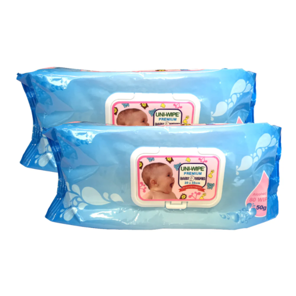 Uni-Wipe Baby Wipes Unscented, 22x20cm, 50 GSM Thick, Alcohol-Free, 80 Wipes in Soft Pack with Hard Secure Lid, 12 Packs per Carton