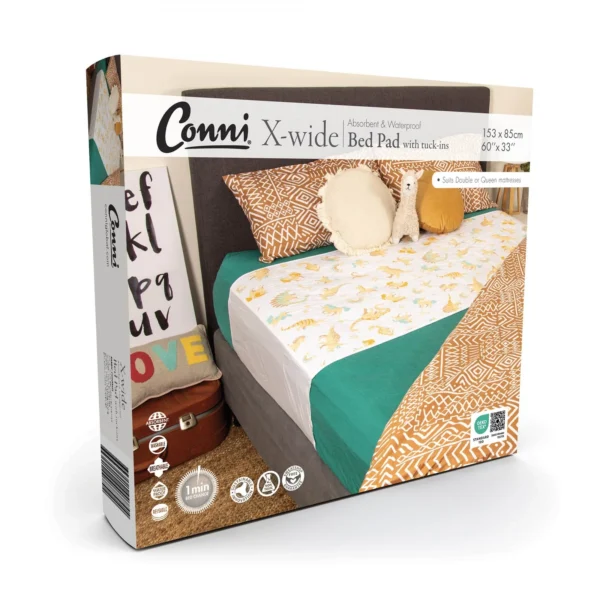 Conni Kids X-wide Bed Pad with tuck-ins 153x85cm, Unicorn & Dinosaur, Each (CKXW-153085-25-1UD)