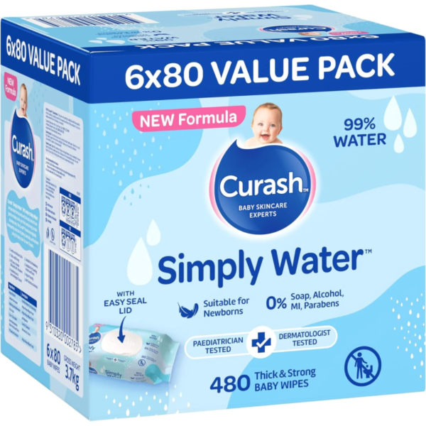 Curash Simply Water Baby Wipes, 1Ctn (480/ctn, 6 x 80/wipes)
