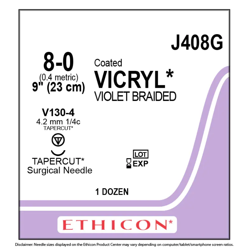 J408G__58834.1692965441.1000.1200 Ethicon Coated VICRYL (polyglactin 910) Suture TAPERCUT V130-4 4.2mm 1/4 Circle 8-0 Violet Braided 1 x 9"/23cm - Box of 12 - Image 1