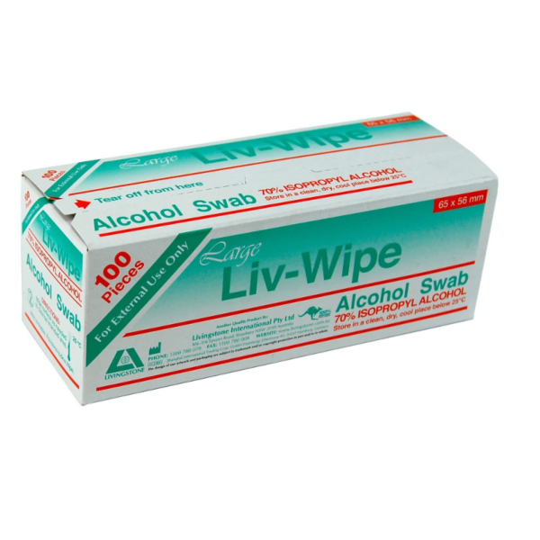 Liv-Wipe Large Alcohol Swabs, Prep Pad, 70% Isopropyl Alcohol, 65 x 56mm, 100 per Box