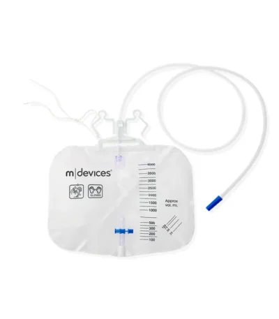 Mdevices Urine Bag - 4000mL T-Tap Non-Return Valve Integrated Hanger and Rope 150cm Tubing