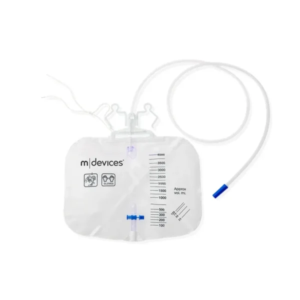 Mdevices Urine Bag - 4000mL T-Tap Non-Return Valve Integrated Hanger and Rope 150cm Tubing