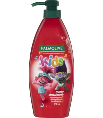 Palmolive Kids 3 in 1 Hair Shampoo Conditioner and Body Wash 700mL Trolls Merry Strawberry Hypoallergenic Detangles Hair No Parabens