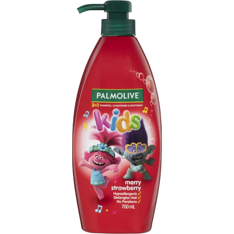 Palmolive Kids 3 in 1 Hair Shampoo Conditioner and Body Wash 700mL Trolls Merry Strawberry Hypoallergenic Detangles Hair No Parabens Palmolive Kids 3 in 1 Hair Shampoo Conditioner and Body Wash 700mL Trolls Merry Strawberry Hypoallergenic Detangles Hair No Parabens