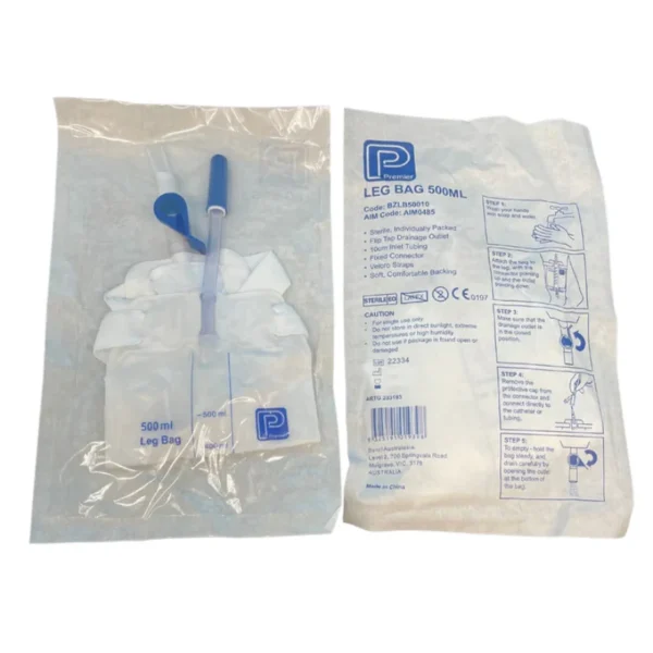 Premier Leg Bag Sterile Flip Tap 10cm 500mL with 10cm Inlet Tube