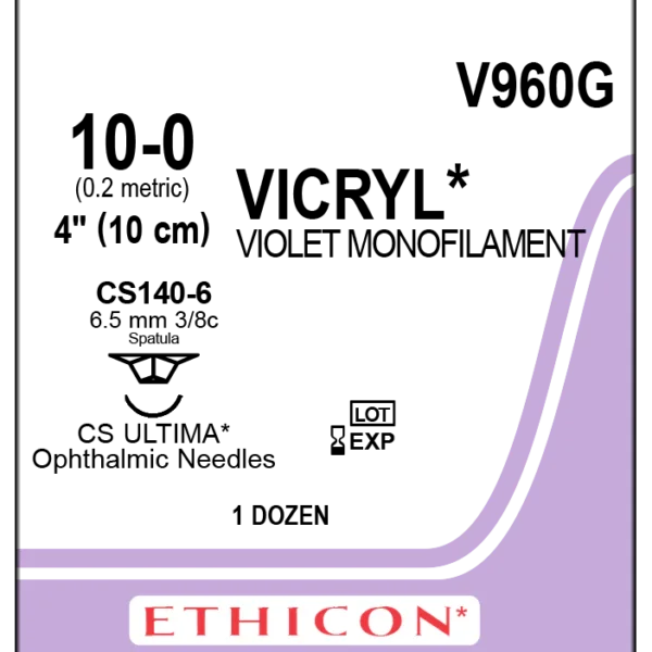 Ethicon VICRYL (polyglactin 910) Suture ULTIMA® Reverse Cutting CS140-6 6.5mm 3/8 Circle 10-0 Violet Monofilament 1 x 4”/10cm - Box of 12
