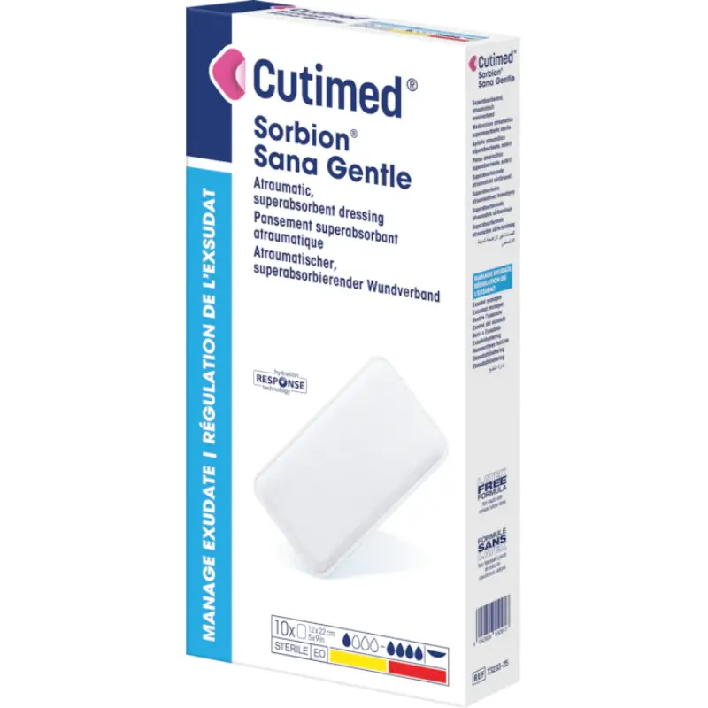 cutimed-sorbion-sana-gentle-12x22cm-base-3d-packshot-side-right Cutimed Sorbion Sana Gentle, Box of 10 - All Sizes - Image 1